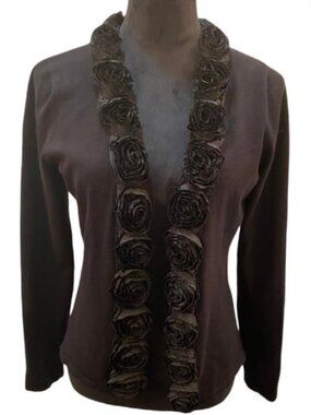 Red Brand Black Cardigan with Fabric Roses Size Medium Like New Condition